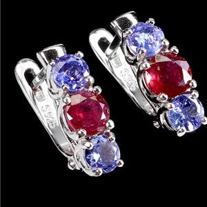 Earrings Heated Round Red Ruby 5 mm Tanzanite 925 Sterling Silver